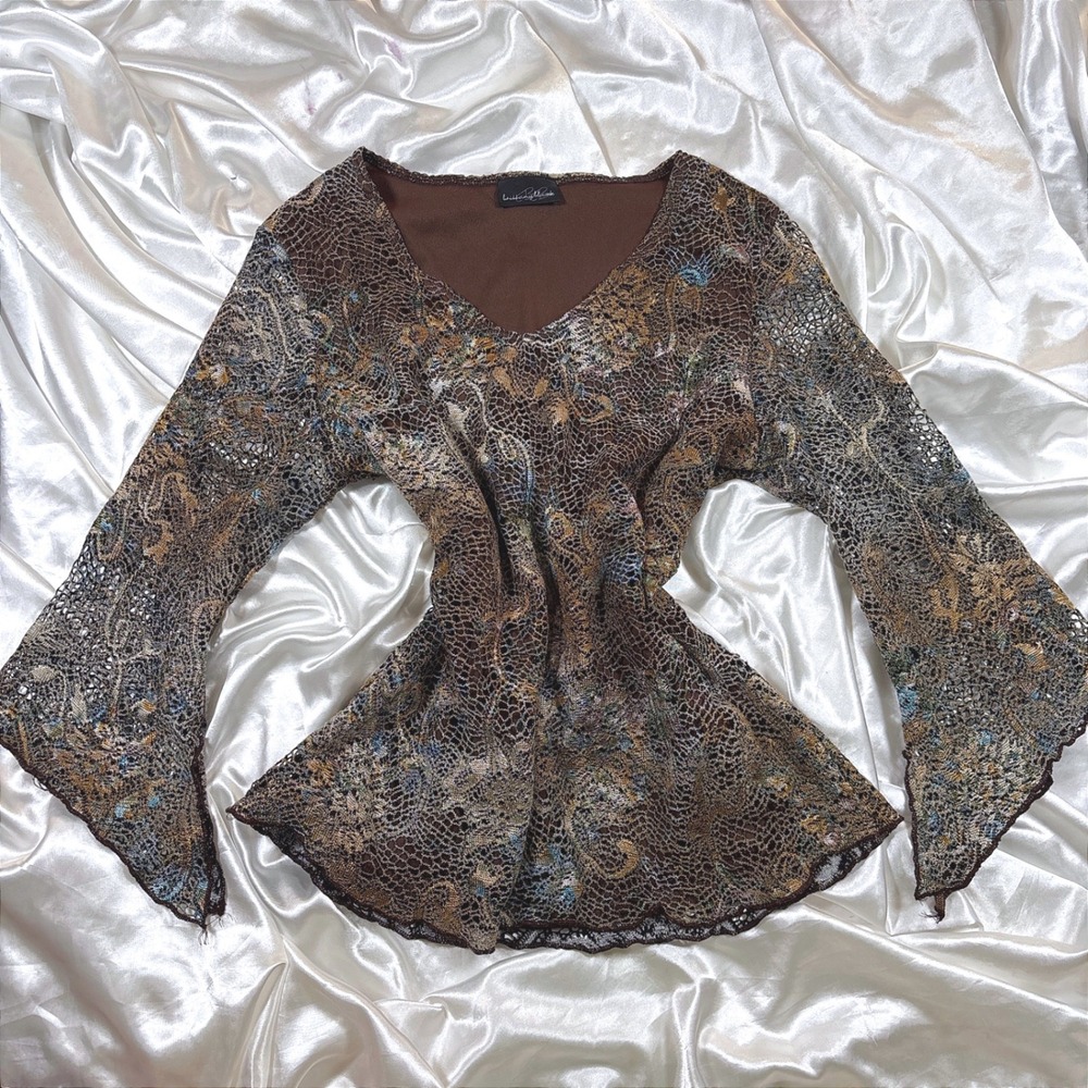 y2k Blouse Brown Excellent Brittany Black Lace Bell Sleeve V-Neck Top
